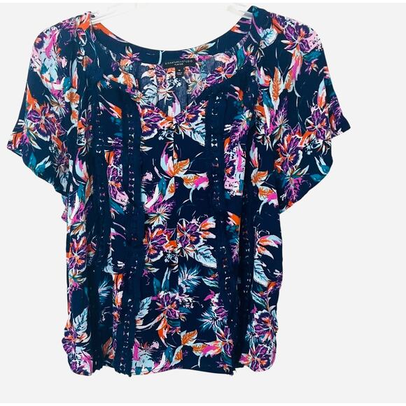SIGNATURE STUDIO SHORT SLV PULL-OVER V-NECK BLOUSE, WOMENS, 1X, NAVY + MULTICOLR - Picture 1 of 12